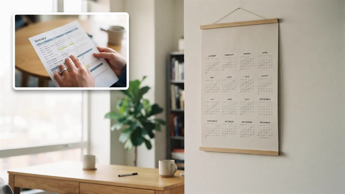 A wall calendar with scattered blocks of days marked in pencil across a full year